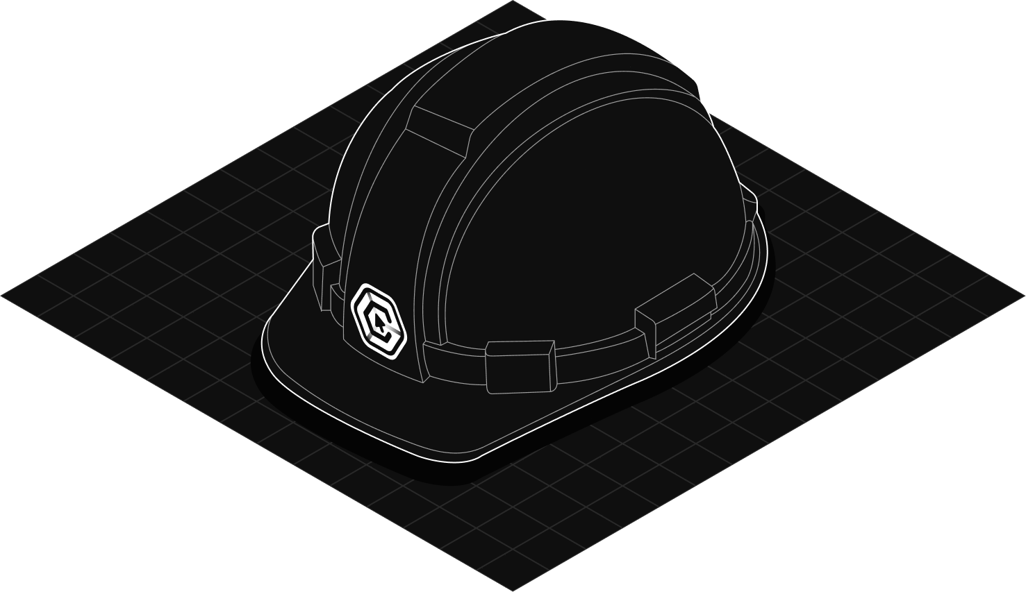 Isometric line-art hard hat resting on a grid platform
